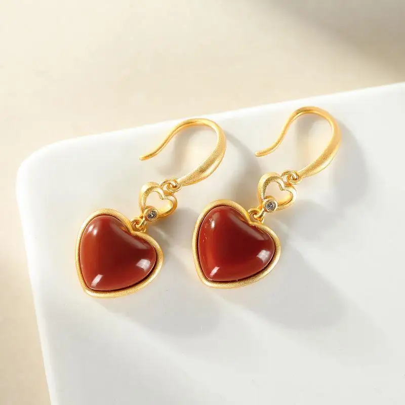 

S925 Sterling Silver Natural South Red Agate Personality Love Heart Stud Earrings Stylish Graceful Simple Female European and Am
