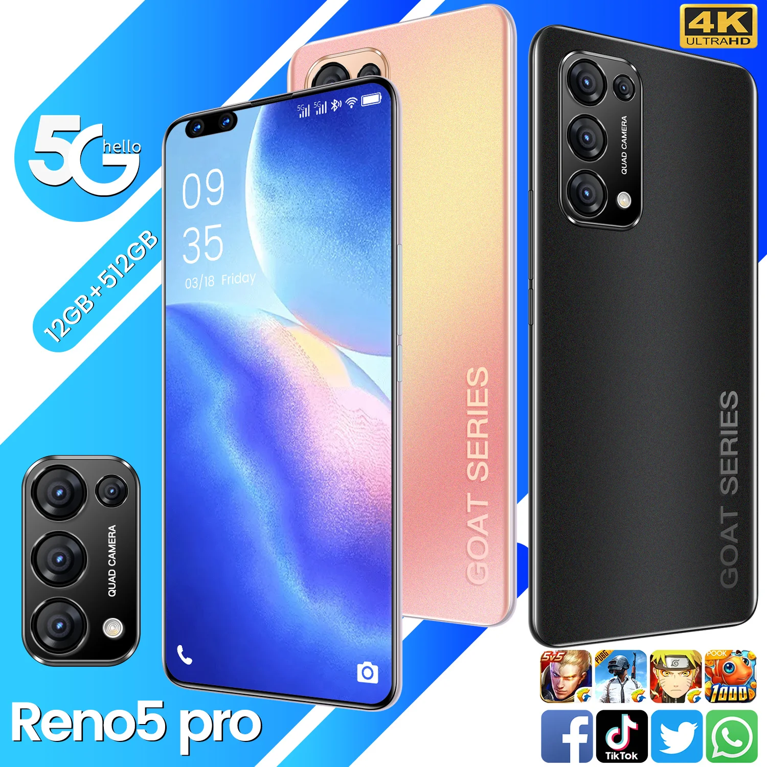 

Reno5Pro Smartphone 7.3Inch 5000mah Sim Dual 5G 16MP+28MP HD Camera Face Wake 12GB + 512GB Global Version Network CellPhone