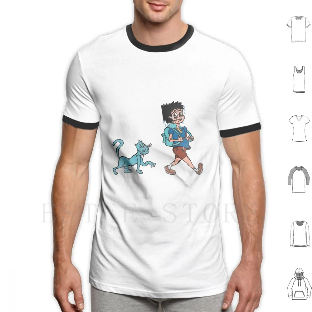 Cat Stalker T Shirt Print Cotton Cat Boy School Troll Creepy Sweaty Curious Stressed Cartoon Comic Retro Bully Backpack Anxiety