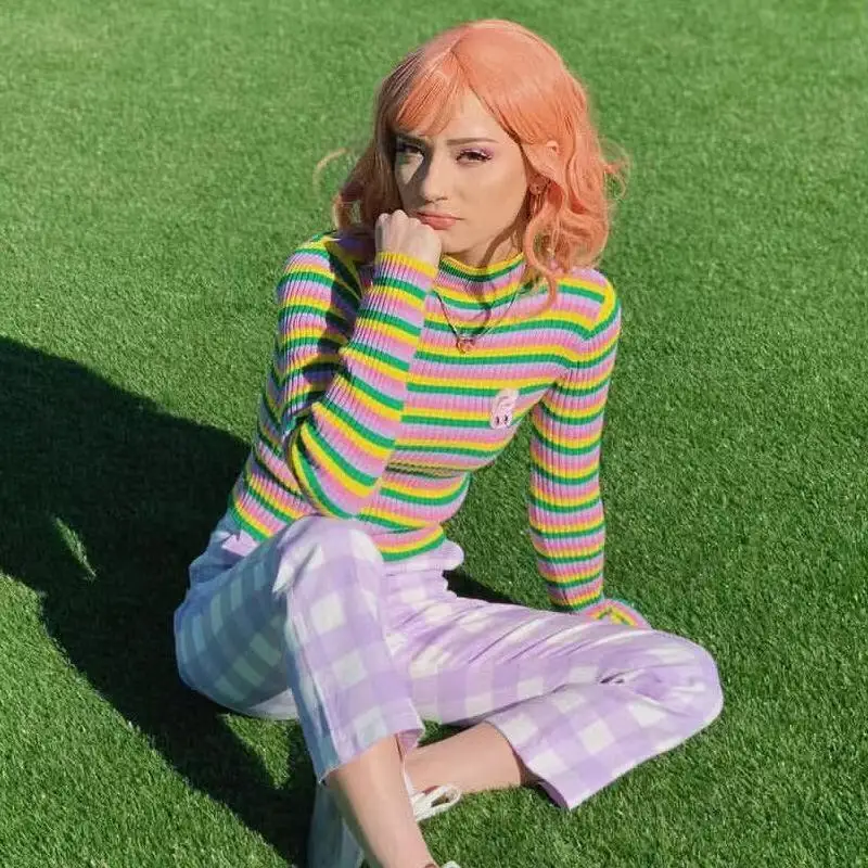 Девочка: домашний Мягкий трикотажный топ в полоску с высоким воротником и