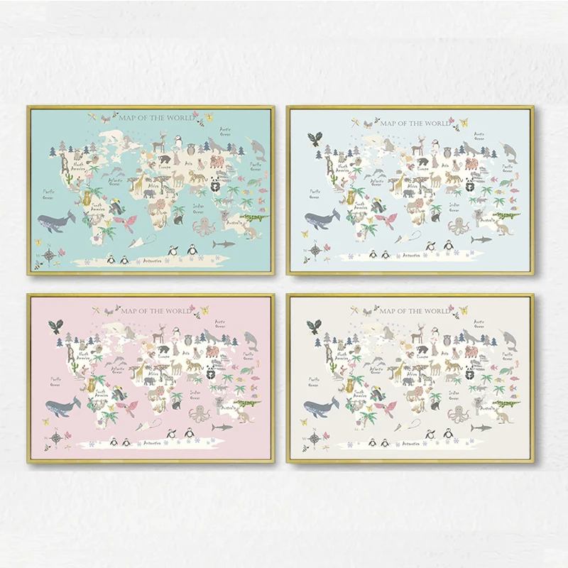 Фото Настенный постер для детской комнаты печать животных карта мира фотообои