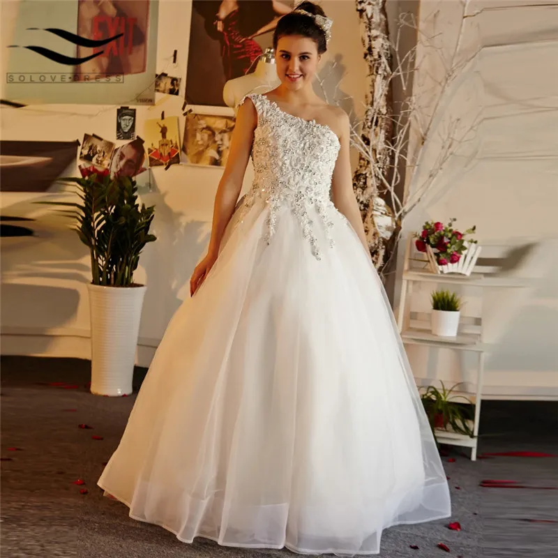 

2020 Charming A Line Wedding Dress One Shoulder Beading Crystal Tulle Wedding Dresses Floor Length Lace Up Bridal Gowns