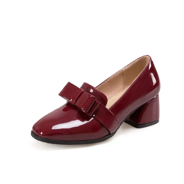 

2021 spring thick heel square head patent new bowknot leather to work date single shoes women's