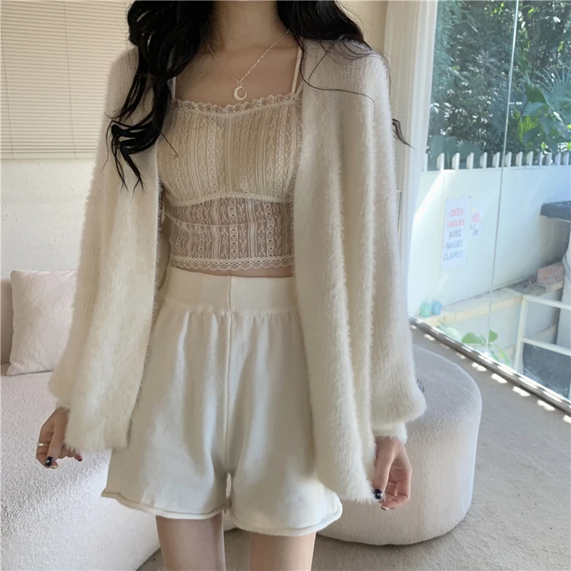 

Autumn Winter Faux Fur Coat Knitted Cardigan Women Korean Loose Puff Sleeve Ladies Cardigans Sobretudo Feminino Manteau Femme