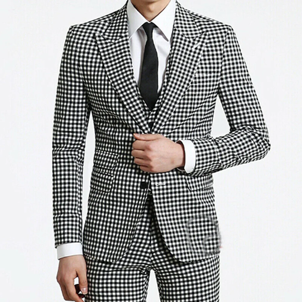 

Men White/Black Plaid Suits For Wedding Slim Fit Groom Wear Blazers 3 Pieces Set Jacket+Vest+Pants Custom Made Terno Masculino