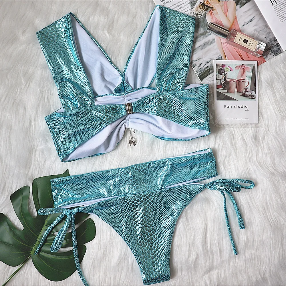 

Sexy Bandage Bathing Suit Women Swimwear 2021 New Hollow Out Bikini Set High Cut Woman Swimsuit Female Two Piece Shiny Biquinis