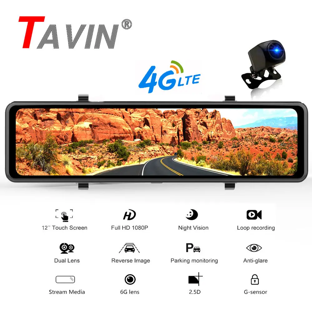 Автомобильный видеорегистратор 4G Android 8 1 Dash Cam 12 дюймов 1080P двойной объектив
