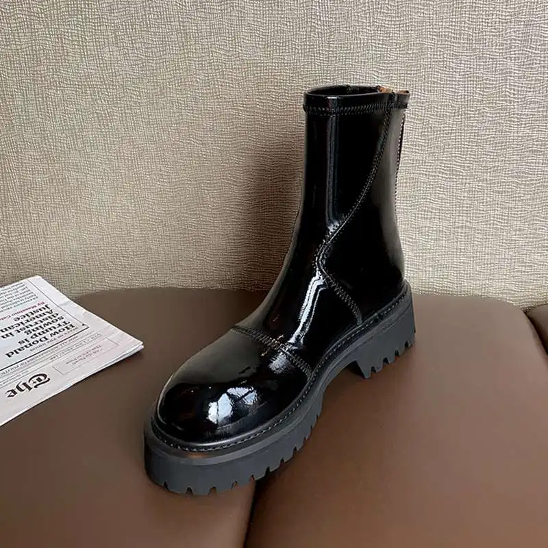 

Vichelo Hot patent leather round toe thick bottom short boots winter keep warm British style young lady fashion ankle boots L15