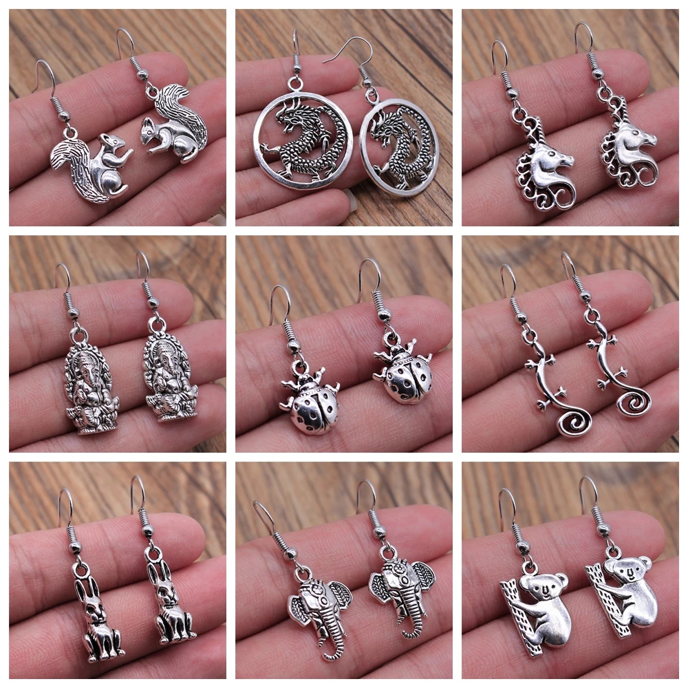 Animal Earring For Girl Women Lady Vintage Elephant Ladybug Snake Dragon Rabbit Squirrel Koala Earring Gift Dangle Earring