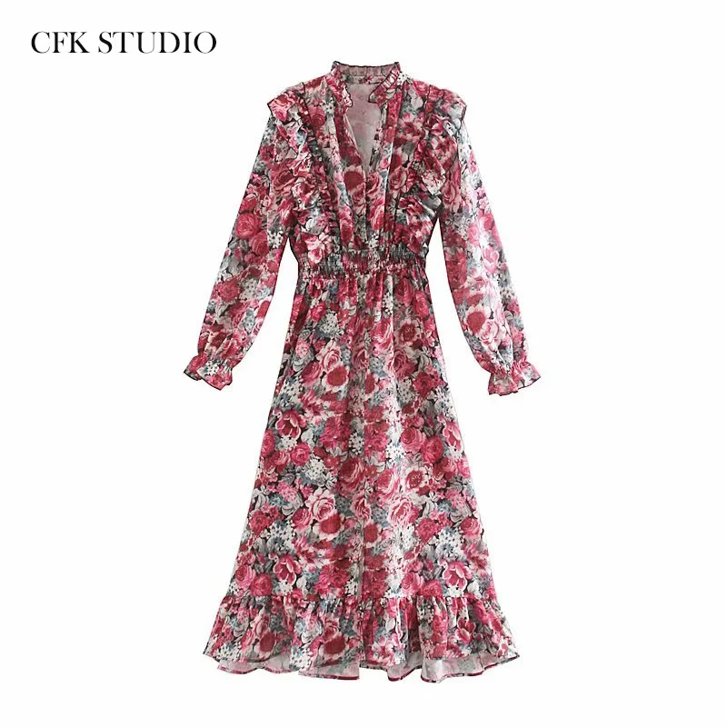 Женское платье кимоно с цветочным принтом V образным вырезом и длинным