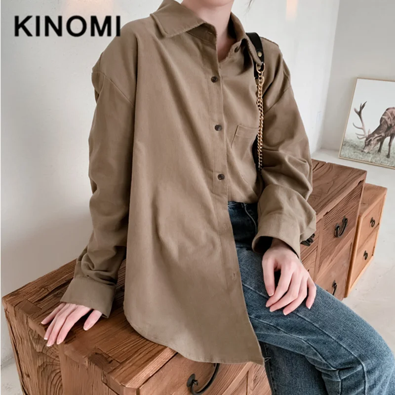 KINOMI Осень Зима с длинным рукавом OL Стиль Вельветовая блузка Рубашки Женская