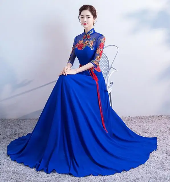 Evening dress Bride Chinese Cheongsam Oriental Chipao Embroidery Women Qipao Blue Vintage Stage