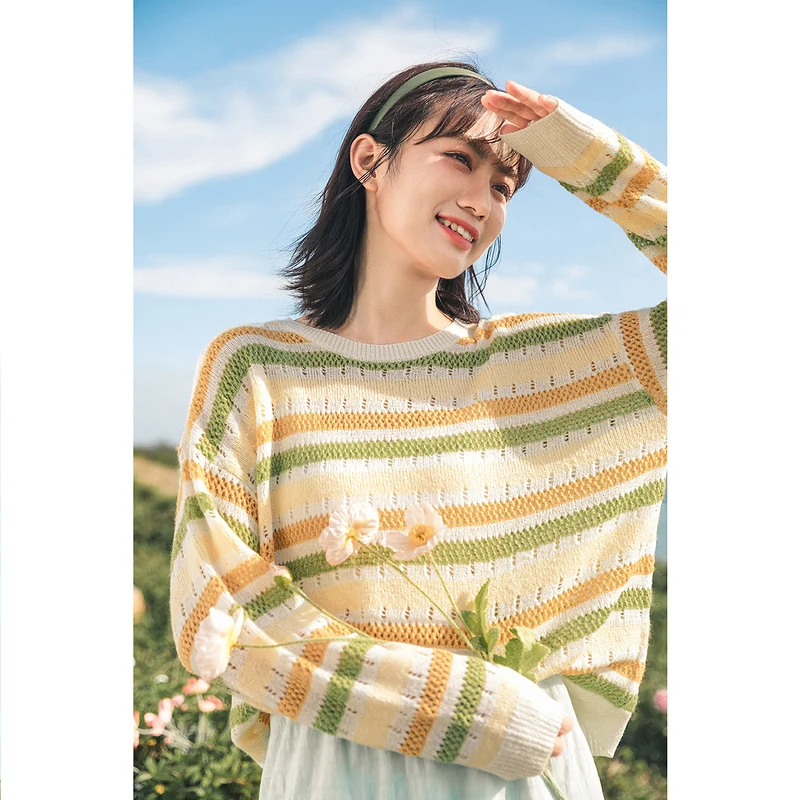 Женский трикотажный свитер в радужную полоску Повседневный с длинным рукавом и