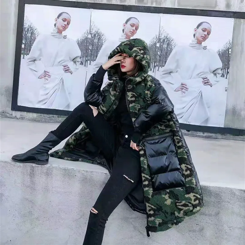 

2019 winter new cotton clothing women's tide brand fashion lamb hair stitching hooded large size loose long coat plus size