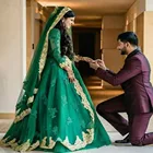 Индийское мусульманское свадебное платье, зеленое искусственное свадебное платье Дубая, а-силуэт, золотые кружева, бисер, кристаллы, Wedidng платья 2020