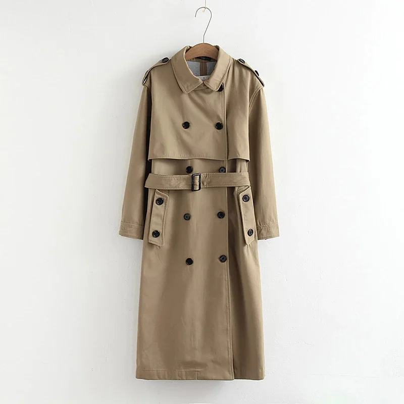 

Top women casual solid color double breasted outwear fashion sashes office coat chic epaulet design long trench 902229