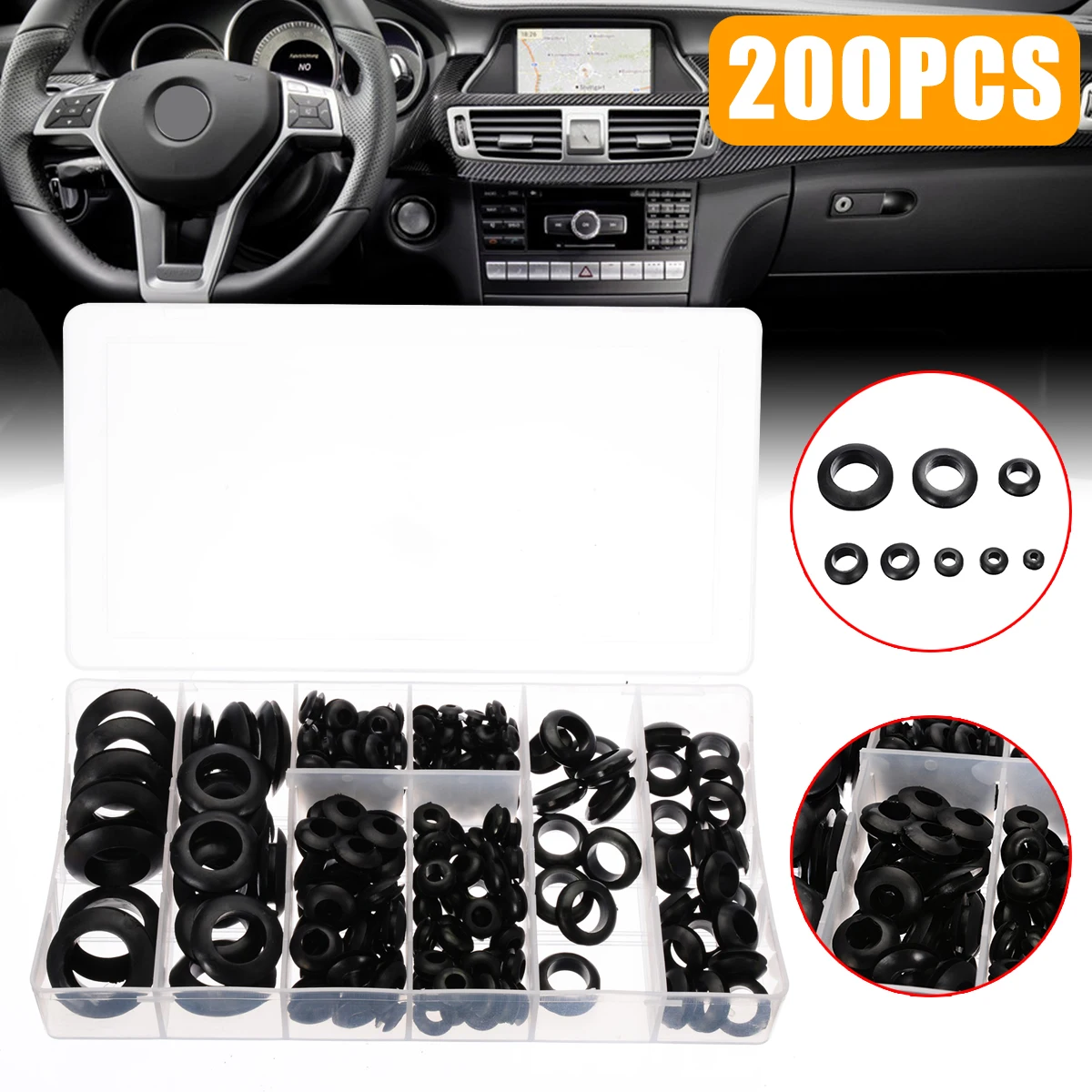 

200Pcs/Box Black Rubber Grommet Assortment Set Electrical Wire Gasket Kit