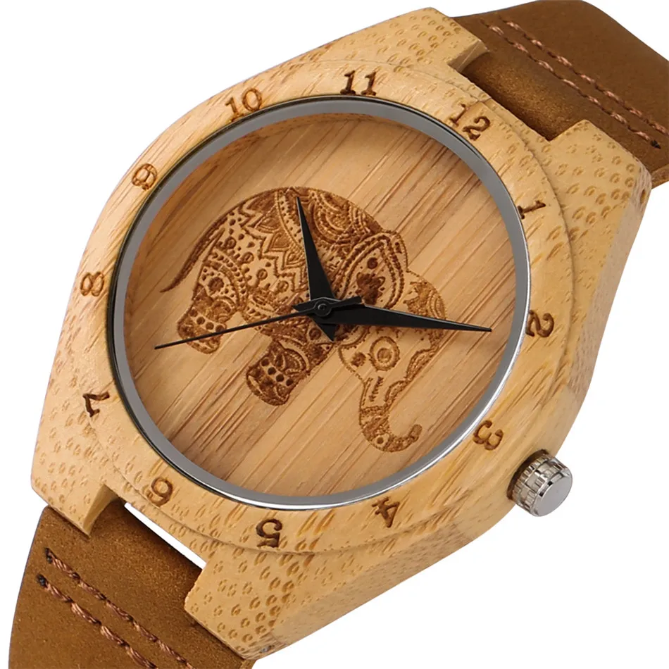 

Cute Elephant Carve Bamboo Wood Men Watch Brown Genuine Leather Watch Band Quartz Wooden Timepiece Men's Watches Gifts