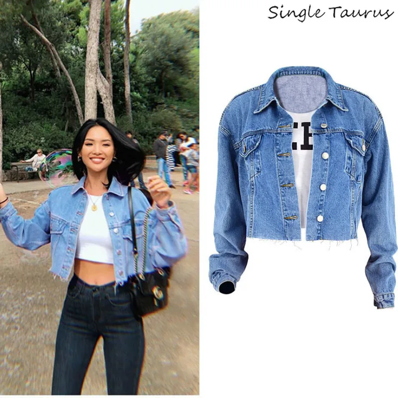 jeans blue Весна лето короткая длина джинсовые куртки с длинным рукавом высокая уличная джинсовая укороченная куртка Женская мода широкая талия Chaqueta Mujer - Цвет: jeans blue