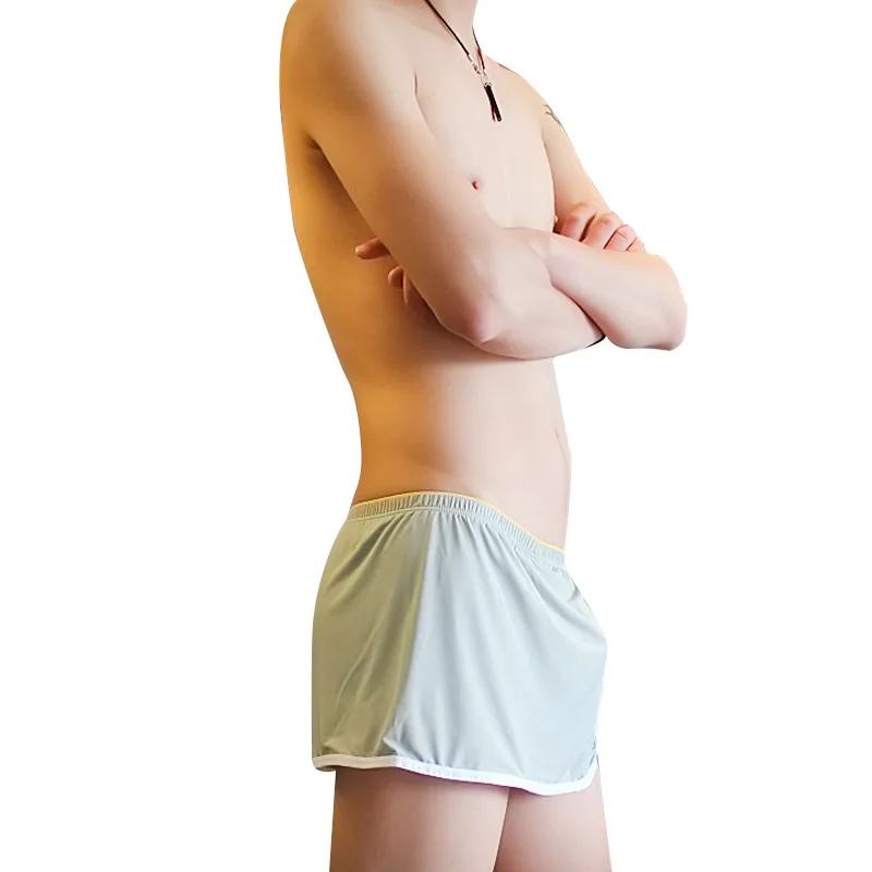 Sexy Mens Side Opening Sleep Bottom Nylon Male Casual Pouch Pajamas For Gay Breathable Home Shorts With G String Inside Trousers | Мужская