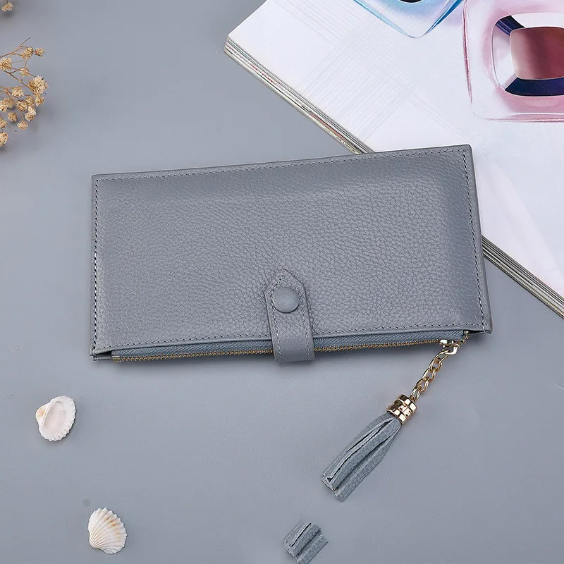 Модные женские кошельки из натуральной кожи, длинные клатчи, Rfid, деловой Футляр для карт, Дамский кошелек для монет, держатель для карт, кошелек для телефона - Цвет: Flax blue