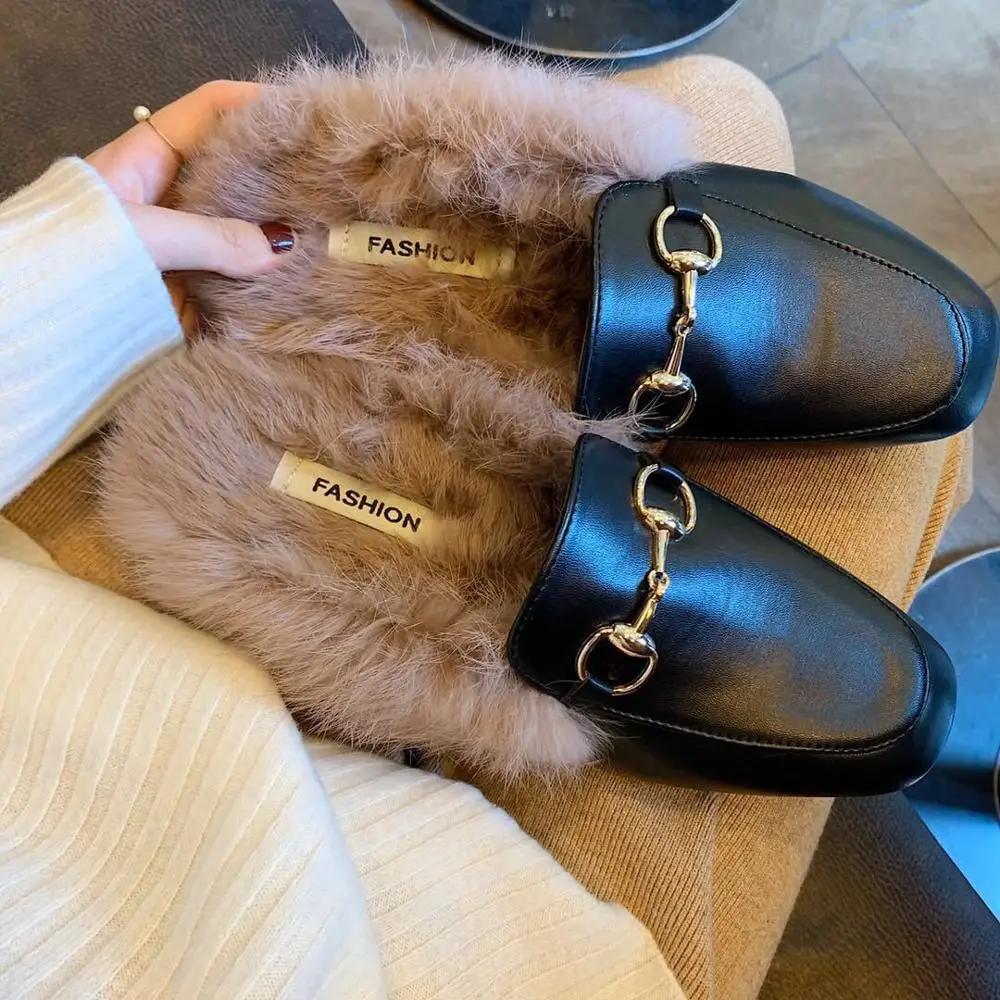 Женские меховые мюли без застежки на низком каблуке с квадратным носком теплая