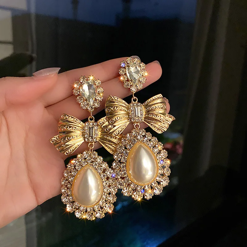 Серьги-Подвески Стразы из серебра 925 пробы с жемчугом в форме капли, большие серьги-подвески, Модные Винтажные темпераментные серьги в дворц...