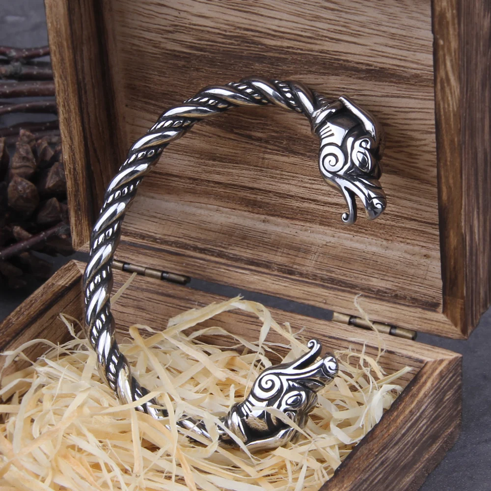 

Stainless Steel Nordic Viking Norse Dragon Bracelet adjustable Men Wristband Cuff Bracelets with Viking Wooden Box