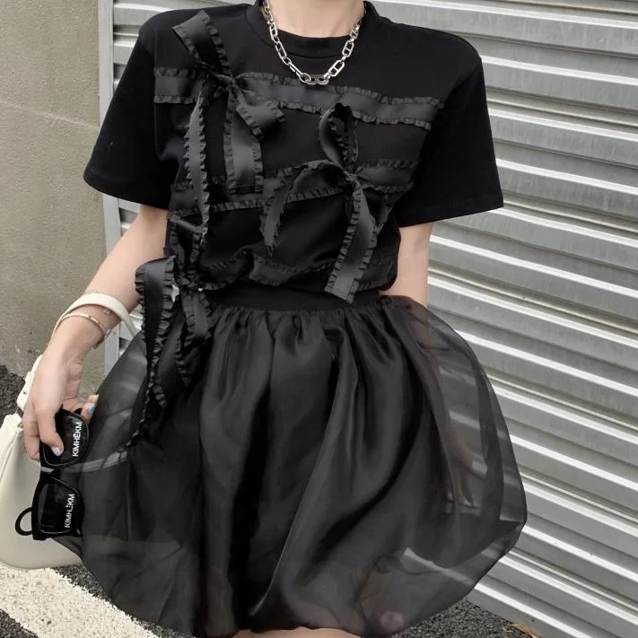 

Summer 2021 New Set Women Bow Short Sleeve Jacket Mesh Slim Unkempt Skirt Two-piece Set Tide