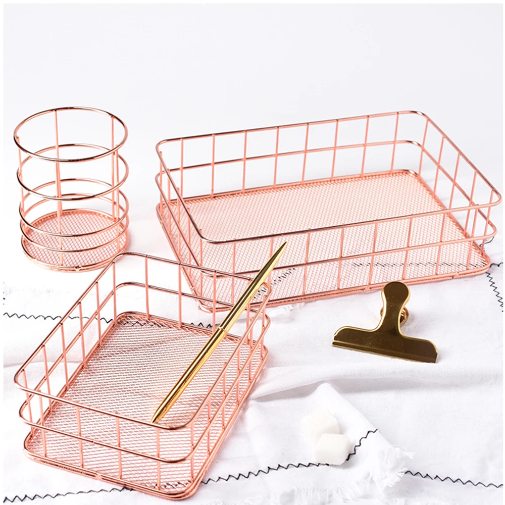 

Rose Gold Iron Art Nordic Makeup Organizer Basket Eyeliner Brush Set Storage Cup Dressing Table Makeup Cosmetic Organizer Box