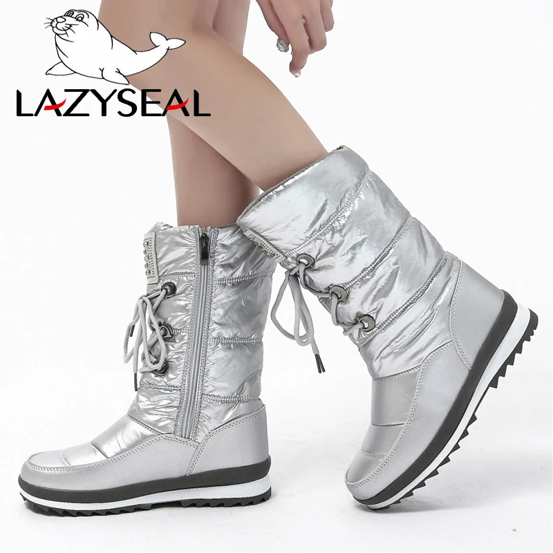 LazySeal высота до середины голени зимние сапоги для женщин Теплые женские ботинки
