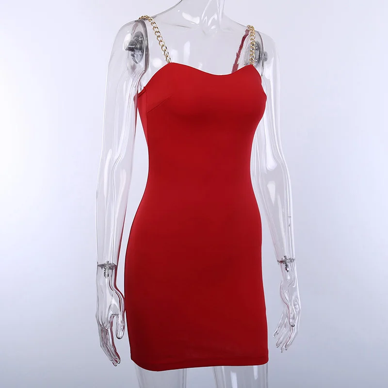 

Garden Chain Strap Sexy Dress Women Sleeveless Red Dress Solid Ladies Dresses Woman Party Night Low Cut Vestidos Winter