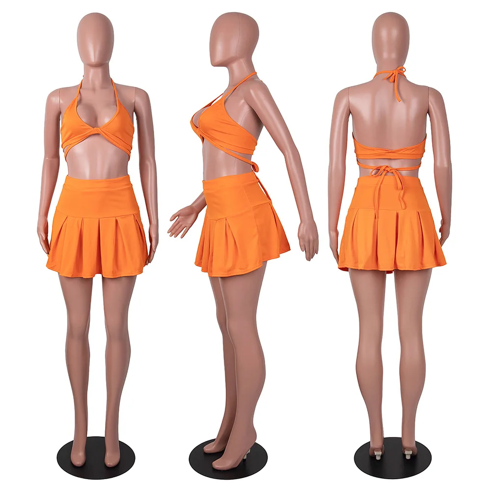 

ZKYZWX Sexy Bikini 2 Piece Set Vacation Outfits Bandage Crop Top and Mini Skirts Matching Set Bathing Suit Women Summer Clothing