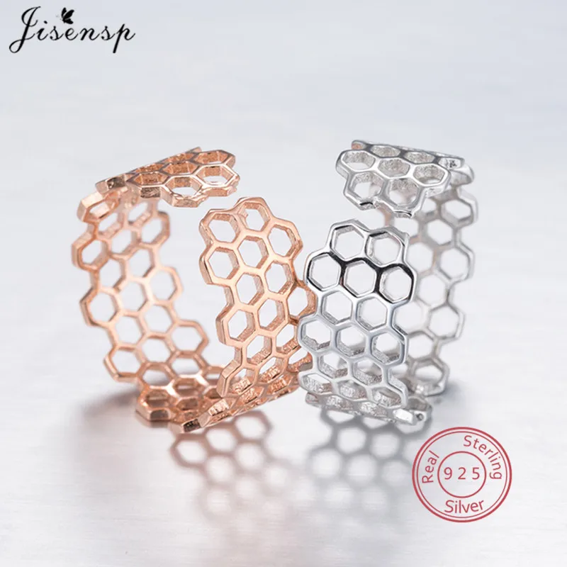 

Real 925 Sterling Silver Honeycomb Adjustable Finger Rings for Women Simple Geometric T Bar Round Ring Punk Jewelry Anel