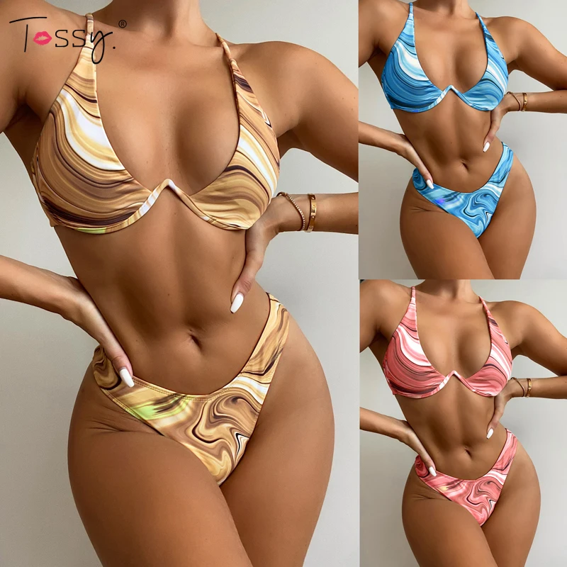 

Tossy Printed Biquini Swimsuit Women Two Piece Sets 2021 Sexy Backless Swimming Suit Vacation Beaching Wear High Cut Swimwear