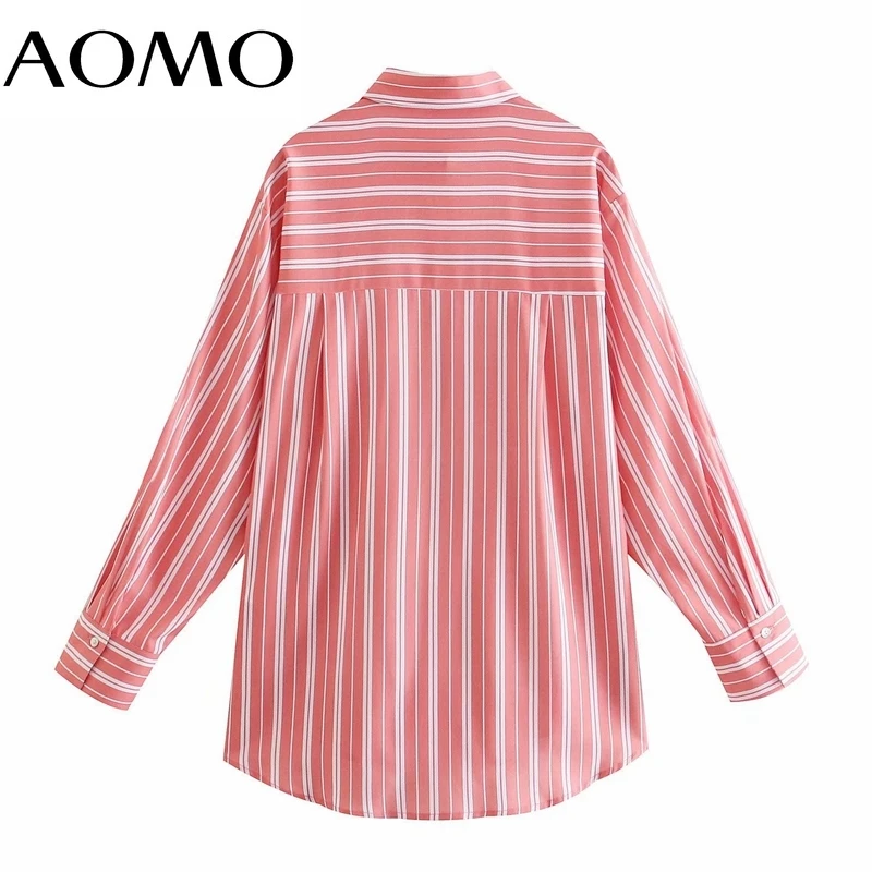 

AOMO Women Vintage Pink Striped Print Oversized Long Shirt Long Sleeve 2021 Chic Female Casual Loose Shirt 4M87A