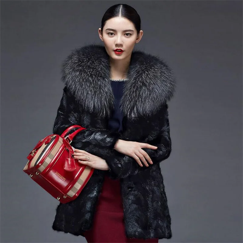 Imitation fur coat womens mink fur coat mid-length clothes raccoon fur collar autumn winter new style chaqueta mujer invierno