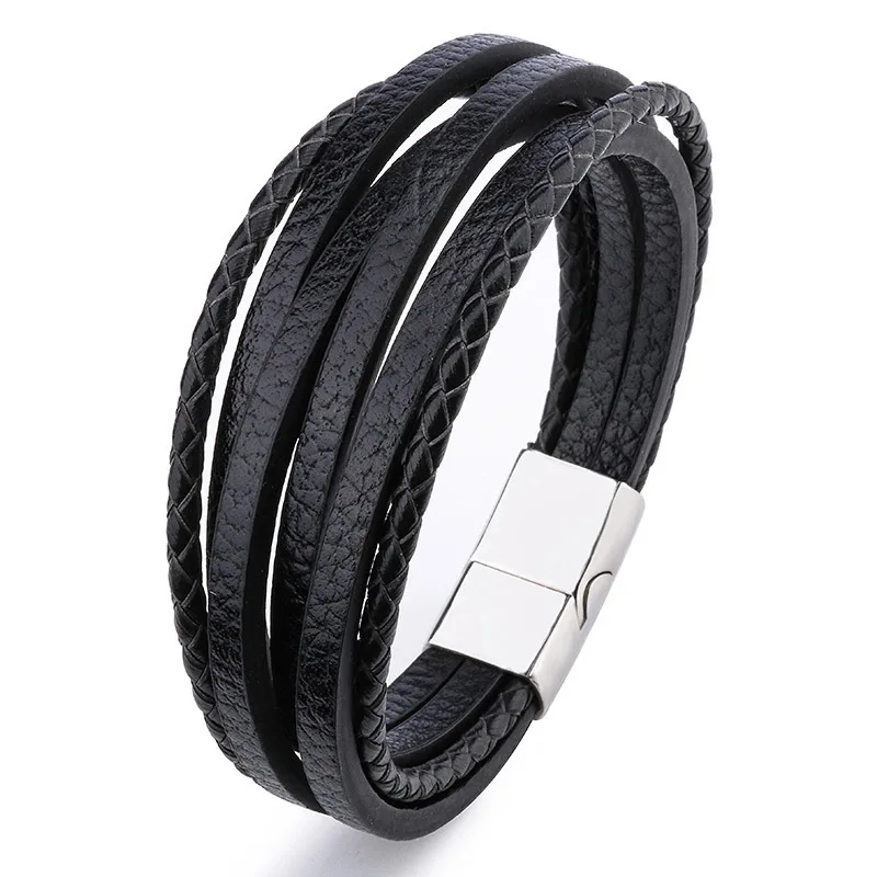 silver black-B Мужские кожаные браслеты, браслеты, браслет для мужчин, стальная магнитная застежка, Плетеный многослойный браслет для мужчин, браслеты для мужчин - Окраска металла: silver black-B