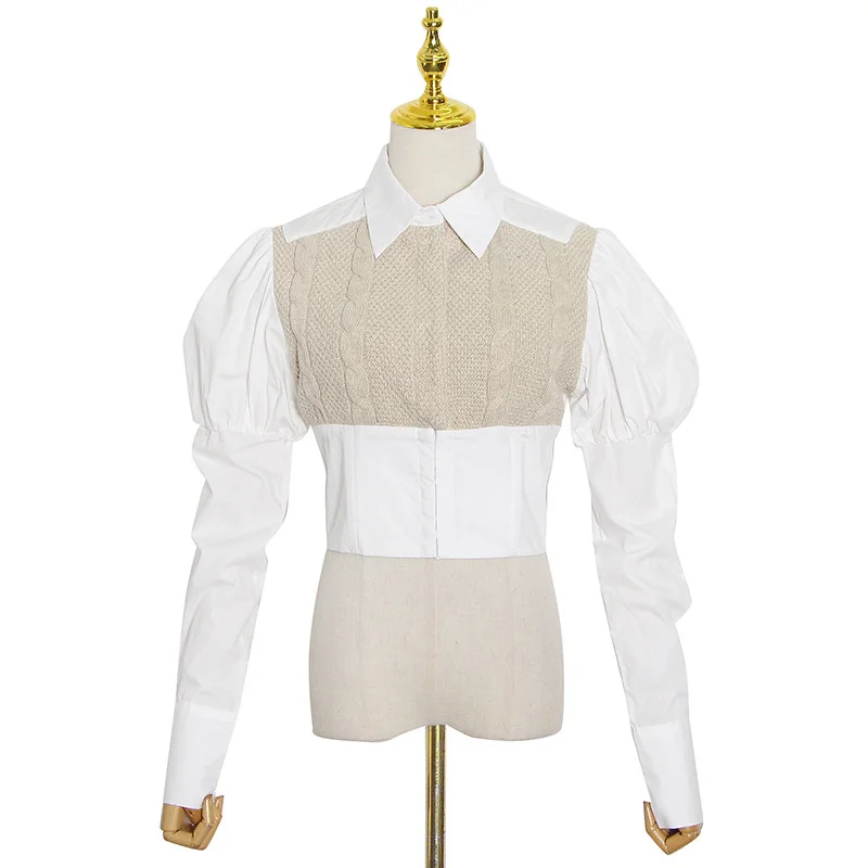 

2021 spring new fashion casual Lapel knitting twist wool splicing cotton shirt puff sleeve shirt female