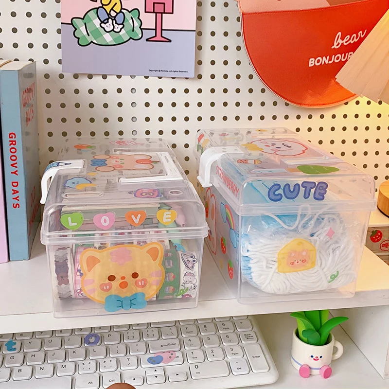 Милый портативный ящик для хранения с наклейкой и ручкой крышки милые прозрачные