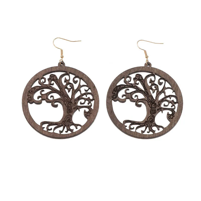 Ins Coffee Wood Africa Queen Hollow Out Flowers Christmas Holiday Tree Of Life Earrings Vintage PartyAfro Jewelry Wooden DIY |