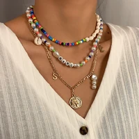 shell letter girl seed beads necklace women natural fresh water baroque irregular pearl boho layered gold chain vintage choker