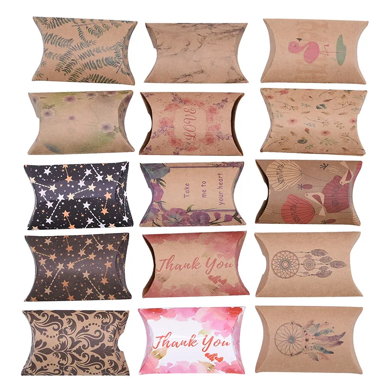 

10pcs Birthday Pillow Shape Printed Gift Boxes Kraft Paper Candy Box Baby Shower DIY Cookie Package Sealing Wedding Decoration