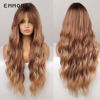 emmor long body wave hair wig ombre brown blonde synthetic water wavy wigs with bangs for women natural heat resistant wig