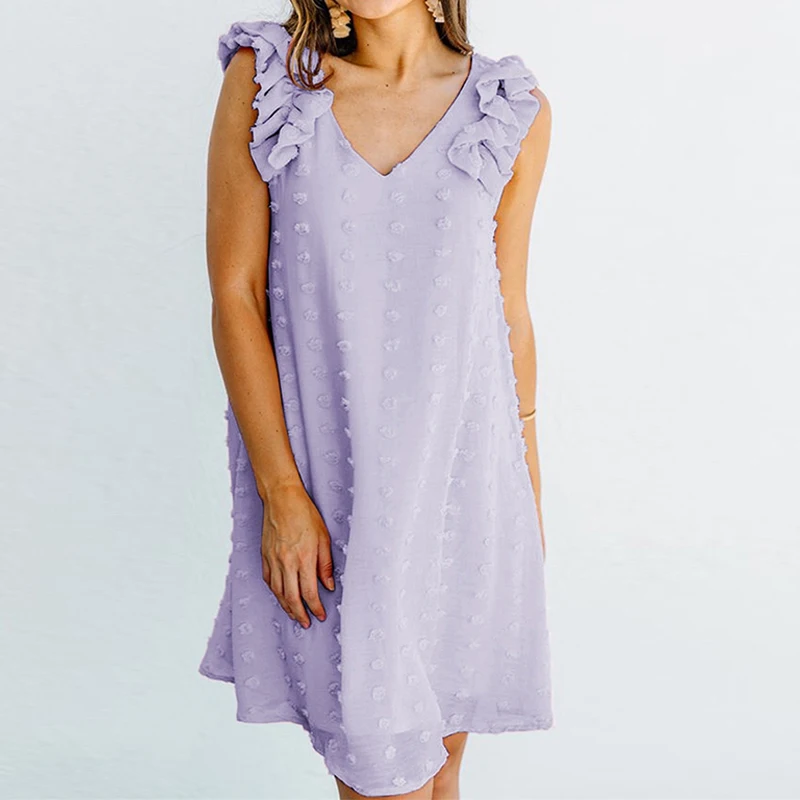 

Women Dress Summer Casual Sleeveless V Neck Ruffles Knee Length Dress Ladies Beach Wear Party Dress vestidos mujer