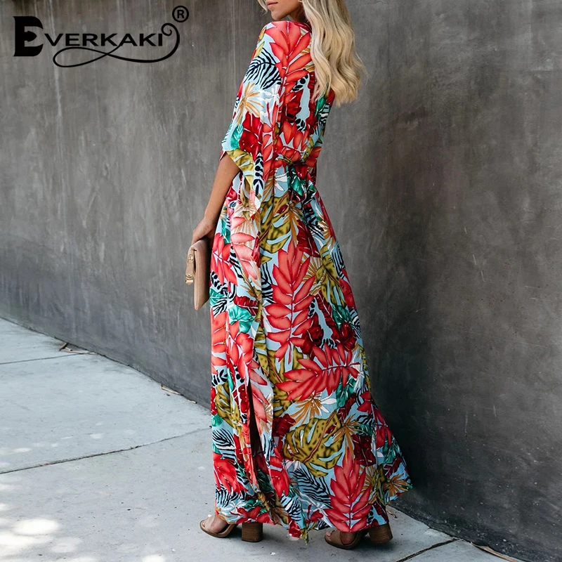 Everkaki Long Dress Women Boho Floral Print Sashes Loose Summer Vestidos Beach Casual Ladies Maxi Dresses Female 2020 Spring New | Женская