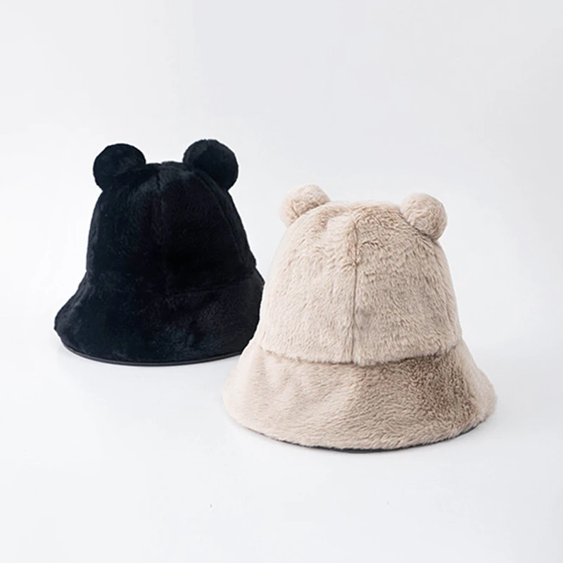 

2020 Cute Bear Shape Bucket Hats Women Warm Fisherman Hat Winter Plush Cap Cloche Panama Lamb Faux Fur Cartoon Lady Basin Cap