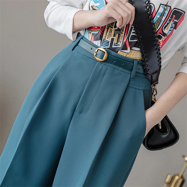 

New 2021 Winter Spring Women Pants High Waist Loose Formal Elegant Office Lady Ankle-Length With Belt Pants FS025