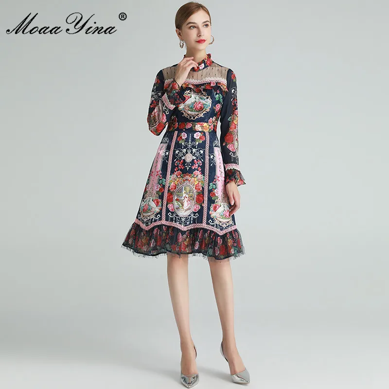 

MoaaYina Fashion Designer dress Spring Women's Dress Long sleeve Lace Vintage Floral-Print Elegant Dresses