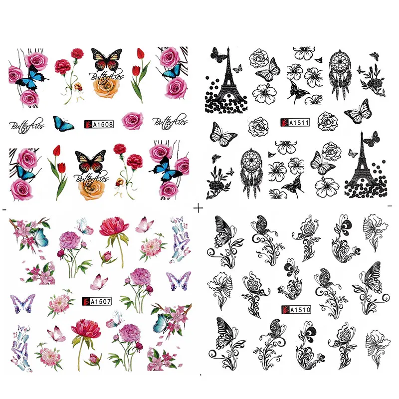 

12 Pieces Water Nail Decals Decal Black Flowers Leaf Transfer Nail Art Decorations Slider Manicure Watermark Leaf Tips